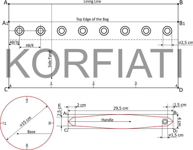 Bucket bag pattern - side panel, base, and handle Bucket bag pattern - side panel, base, and handle (Korfiati Sewing School)