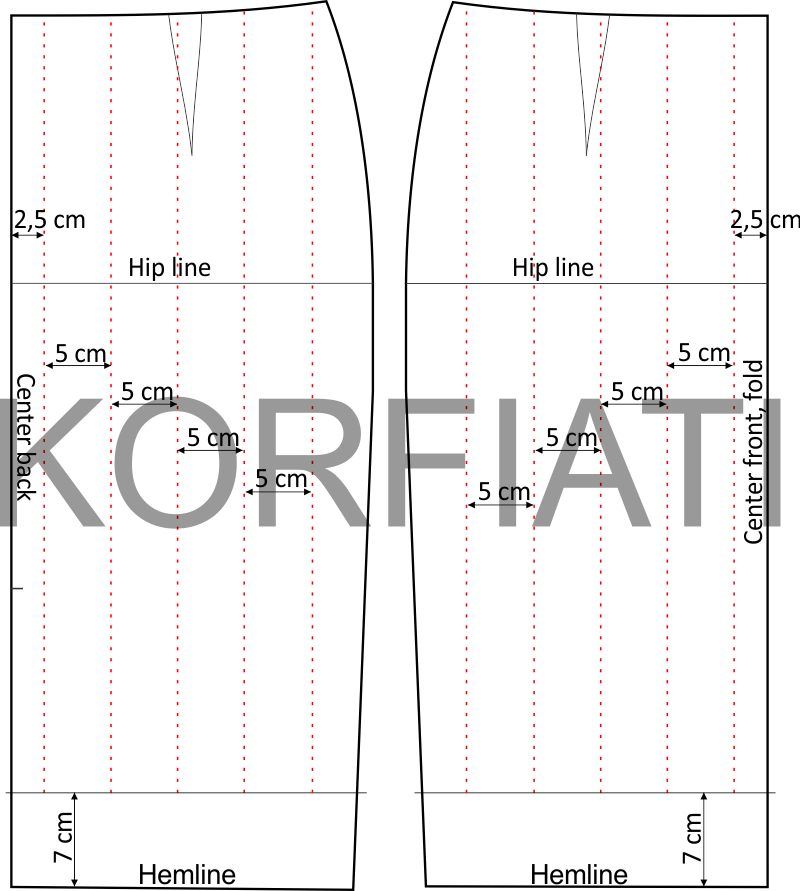 Stitching lines marking for back and front skirt pieces Stitching lines marking for back and front skirt pieces (Stitching diagram)