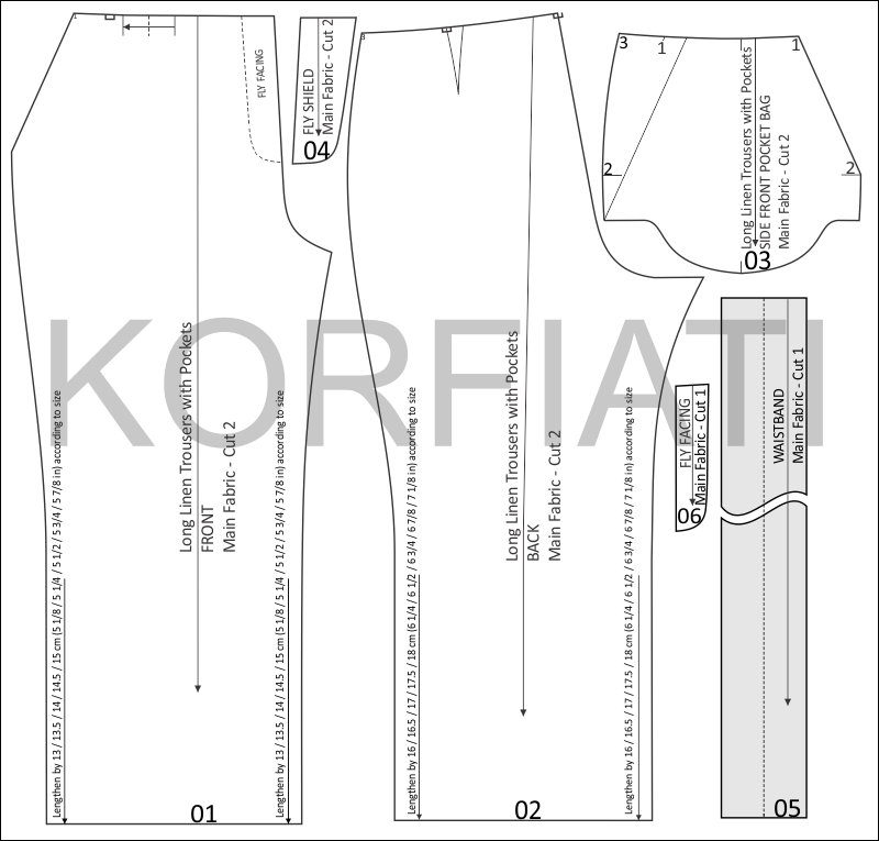 Long Linen Trousers with Pockets - Pattern Pieces Long Linen Trousers with Pockets - Pattern Pieces (Korfiati Sewing School)