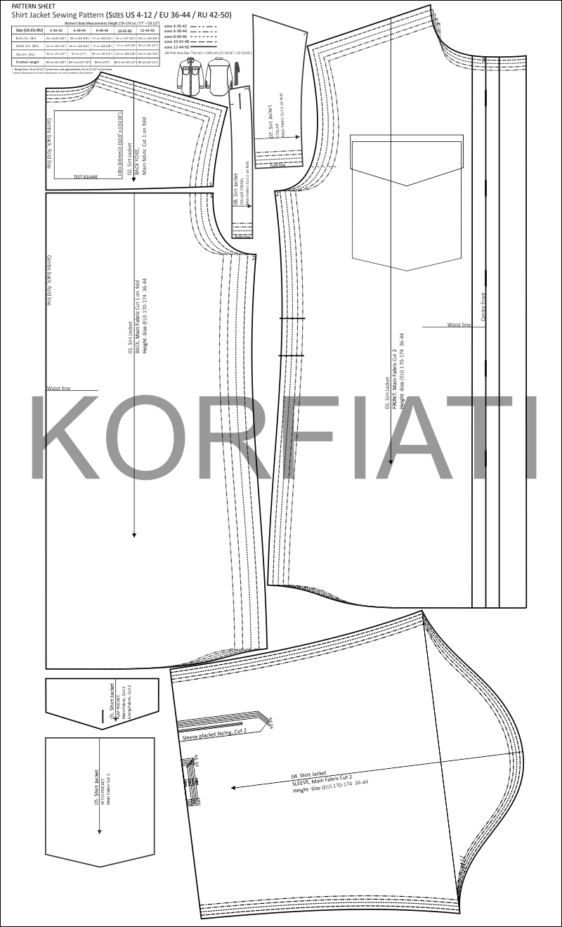 Pattern sheet for the shirt jacket Pattern sheet for the shirt jacket, sizes US 4-12, EU 36–44